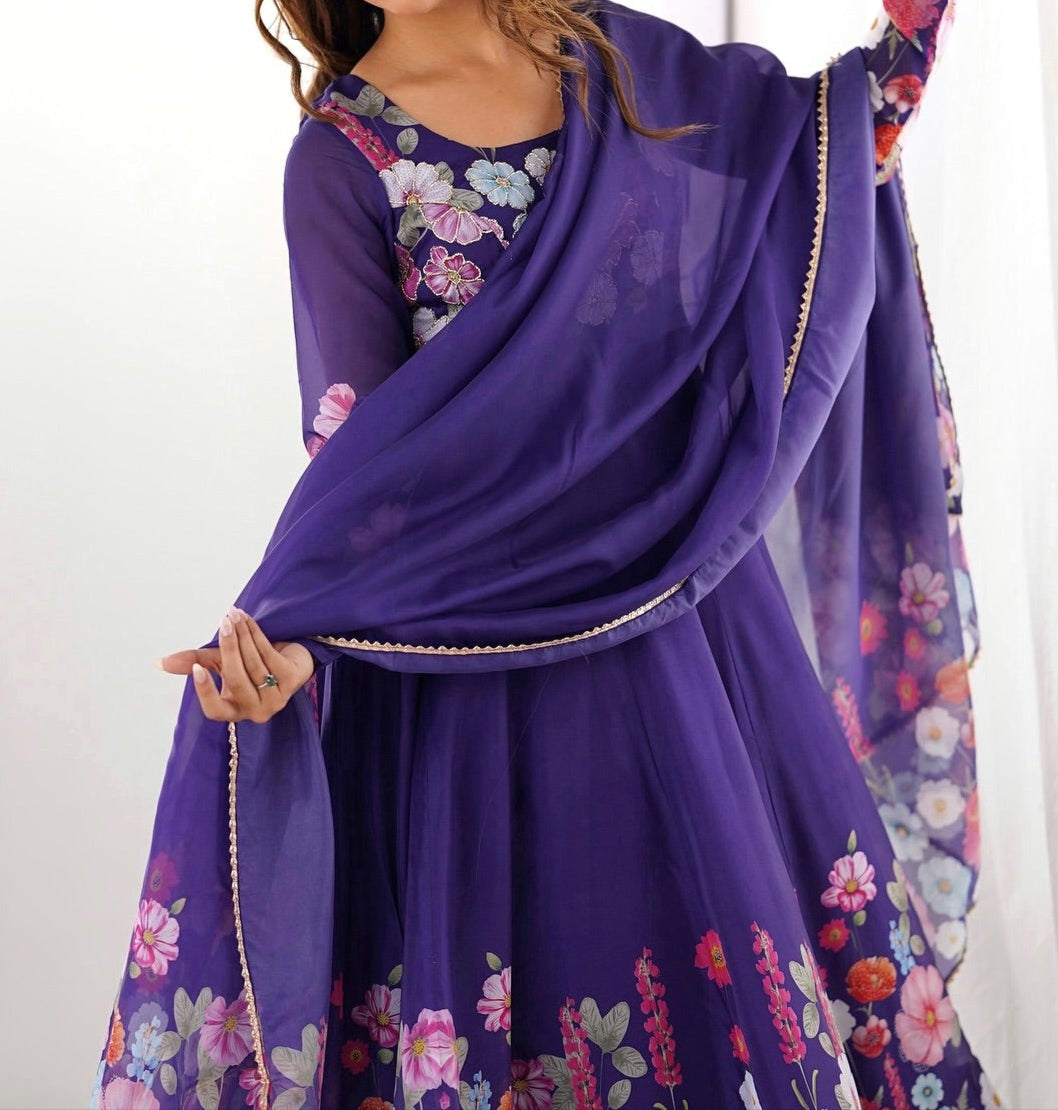 Flower Digital Print Organza Anarkali Suit