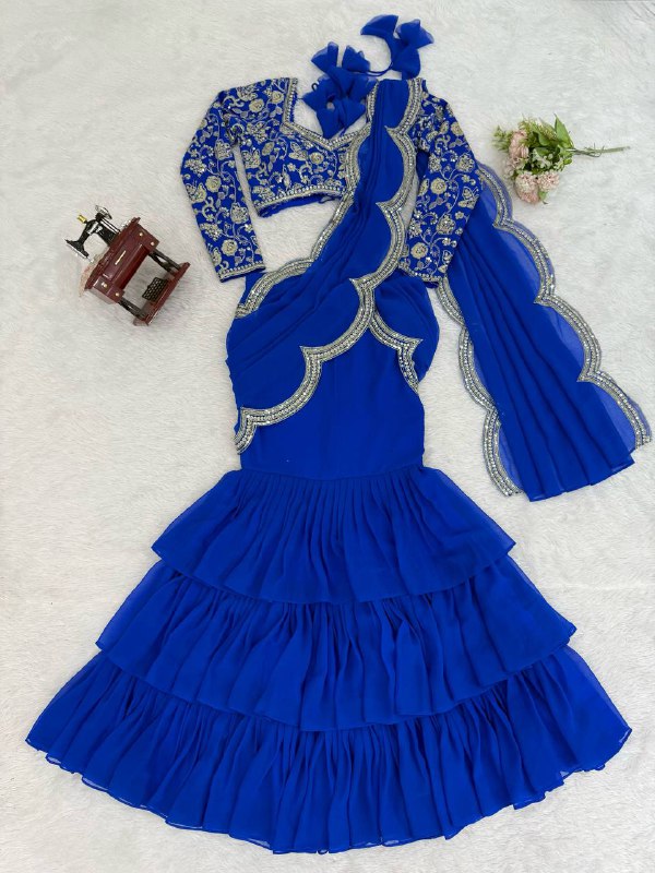 Viral Elegant Thread & Sequence Embroidery Ruffle Style Saree