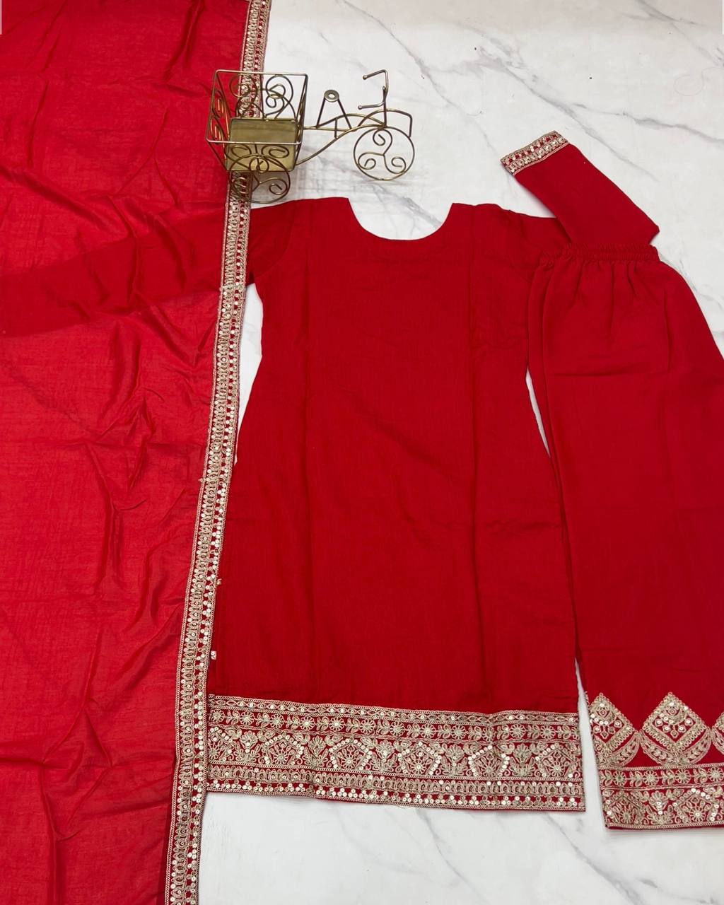 Presenting Pure Vichitra Silk Fabric Straight Fit Kurta With Dupatta Set