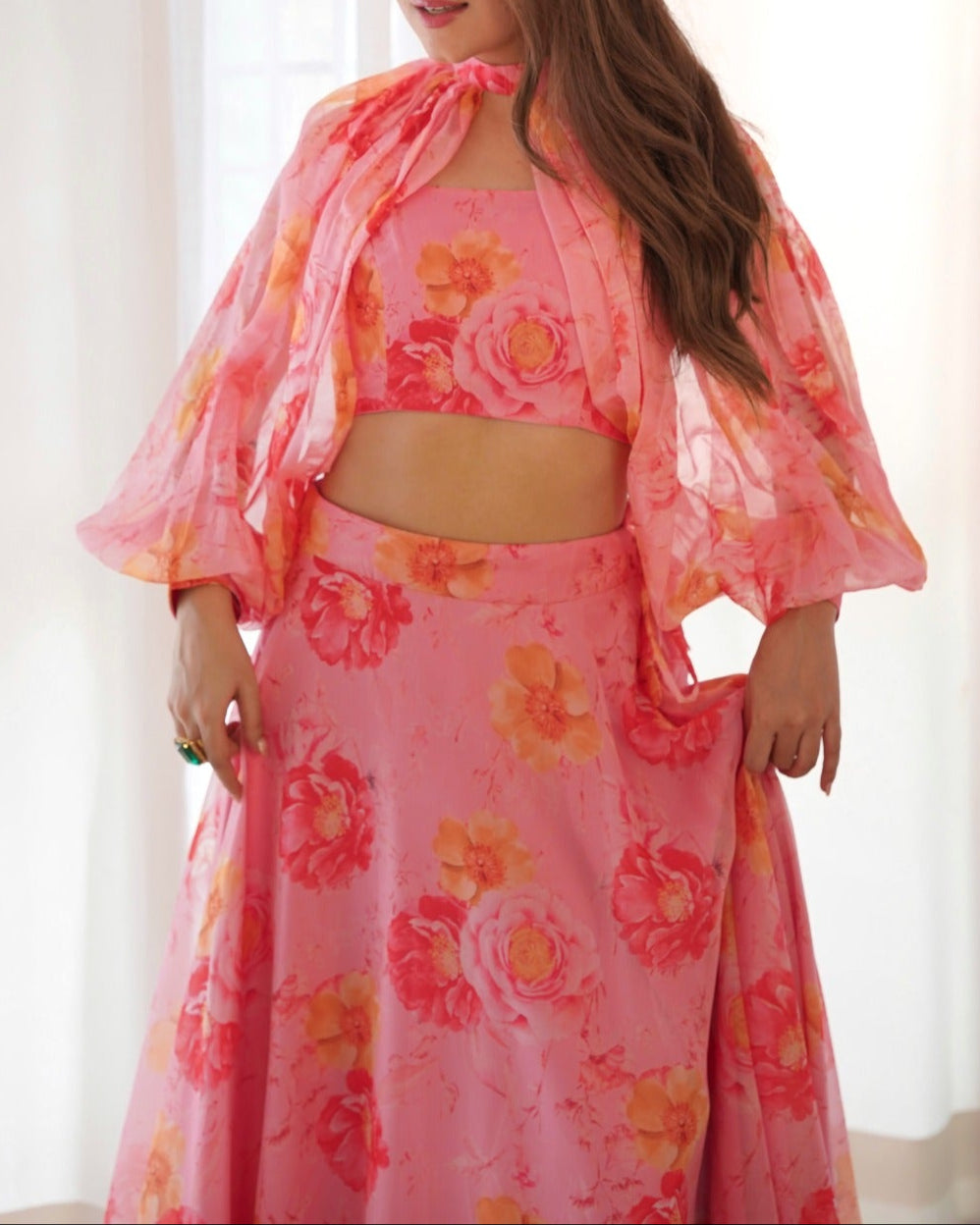 Pure Soft Organza Taby Silk Floral Print 7 Meter Flair Full Stitched Lehenga Choli