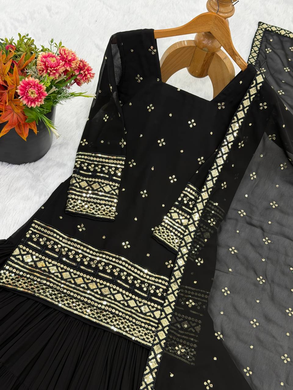 Pure Heavy Georgette Embroidery Sequence Work Top Sharara With Dupatta