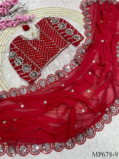 Wedding Special Original Mirror Work Saree With Stitched Blouse