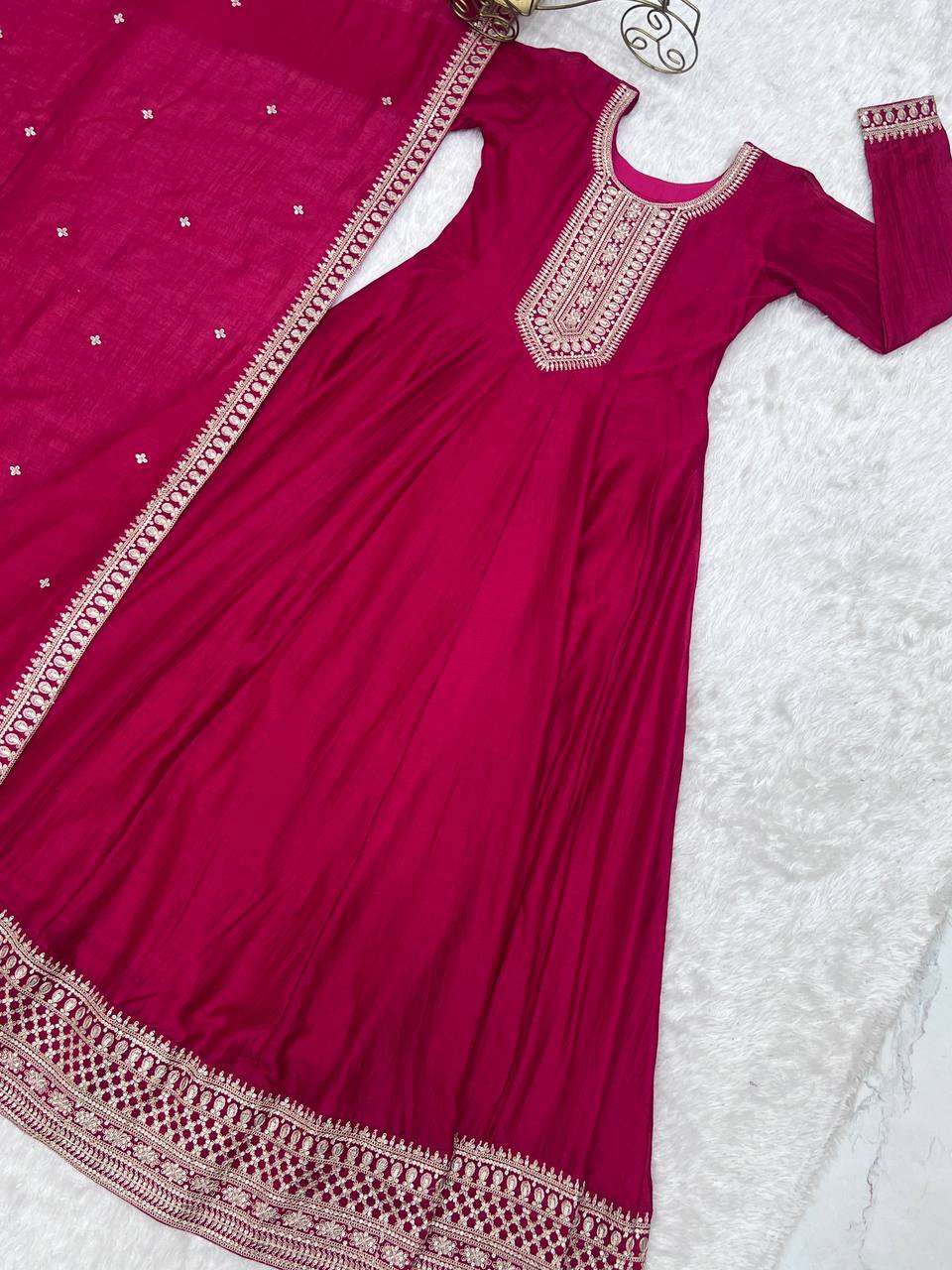Premium Quality Vichitra Silk Anarkali Suit Set With Dupatta