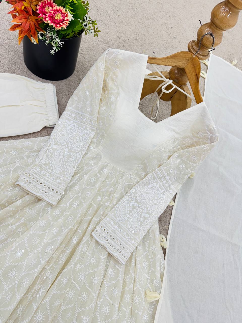Party Wear Pure Kora Cotton Schiffli Work 3 Piece Set Anarkali Set