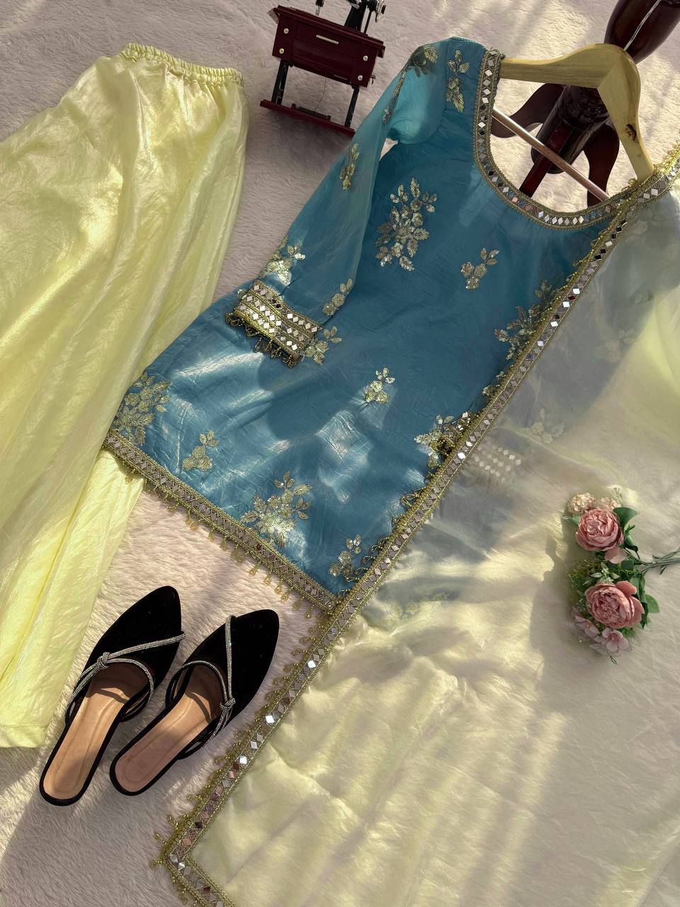 Party Wear Fendy Silk Sharara Set With Real Mirror Work Lace Dupatta