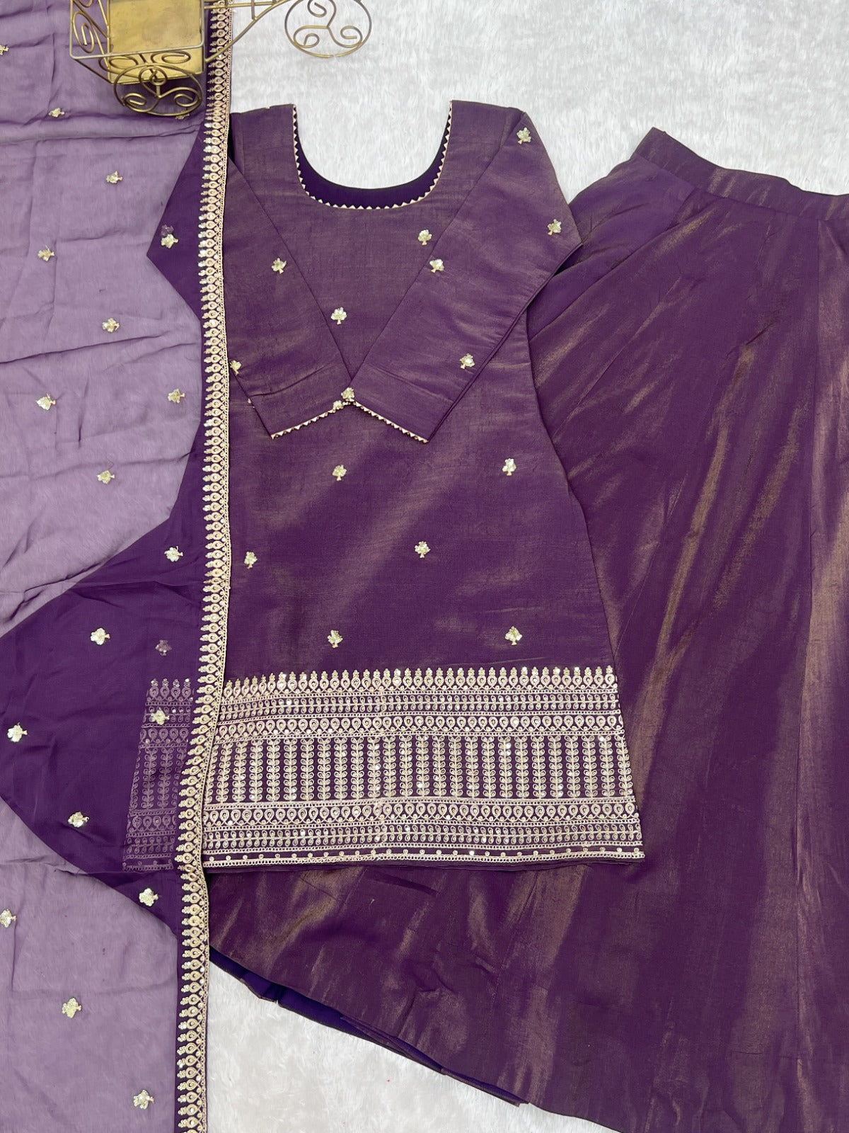 Premium Quality Pure Roman Shimmer Chanderi Silk Fully Flare Lehenga Kurti Set