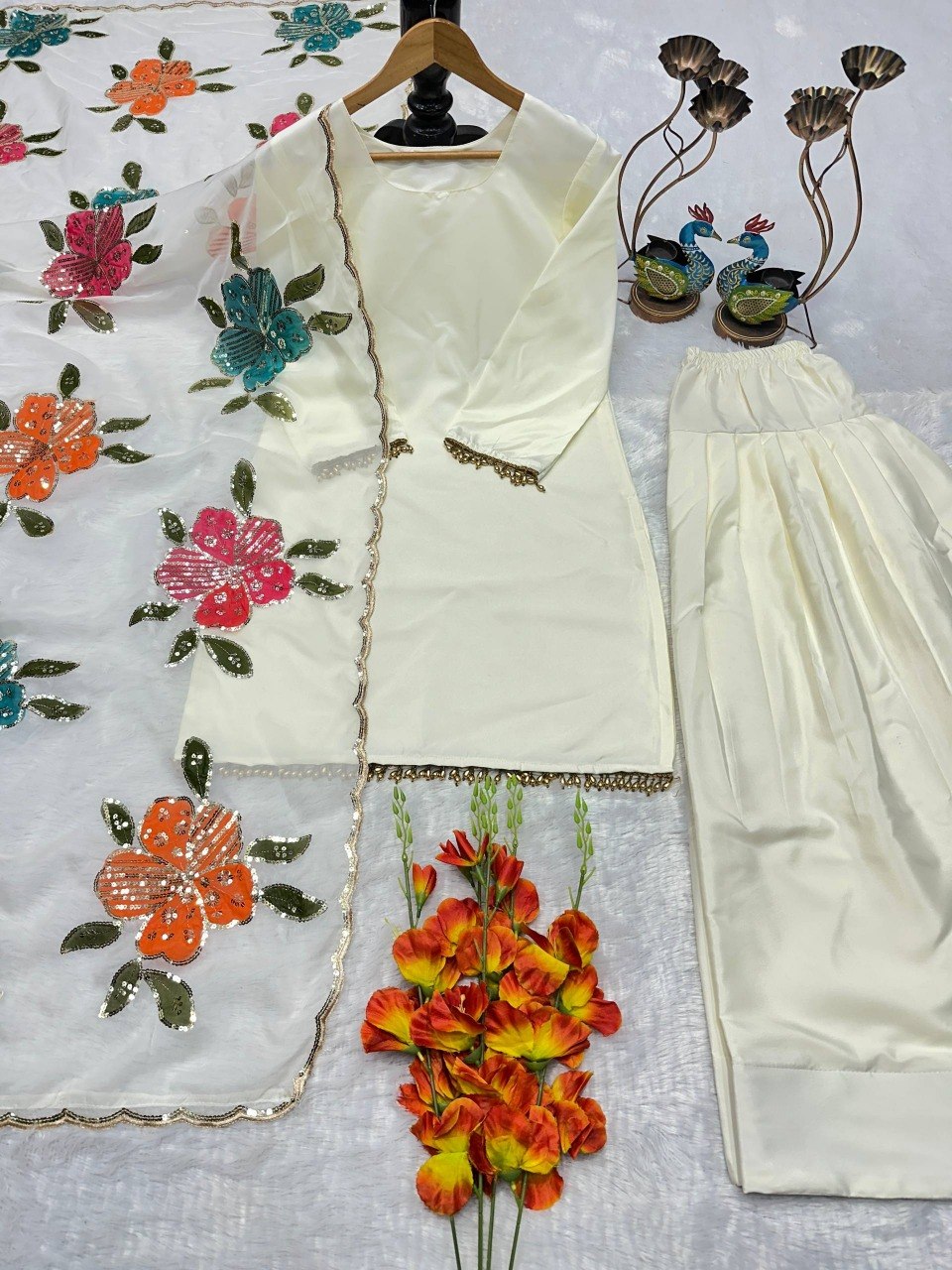 Farsi Shalwar Suit With Designer Embroidery & Brush Print Work Dupatta