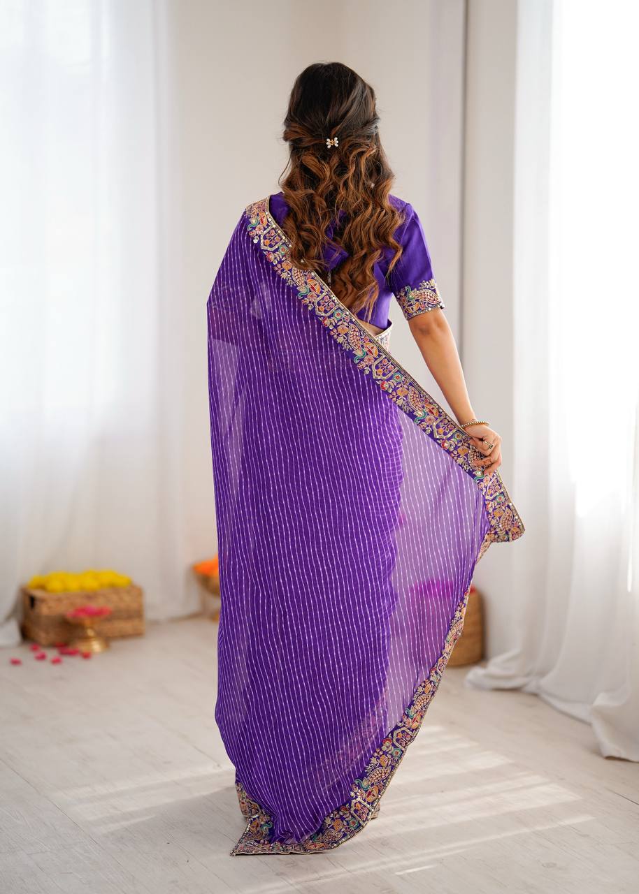 Wedding Wear Elegant Embroidery Work Bandhani Print Saree