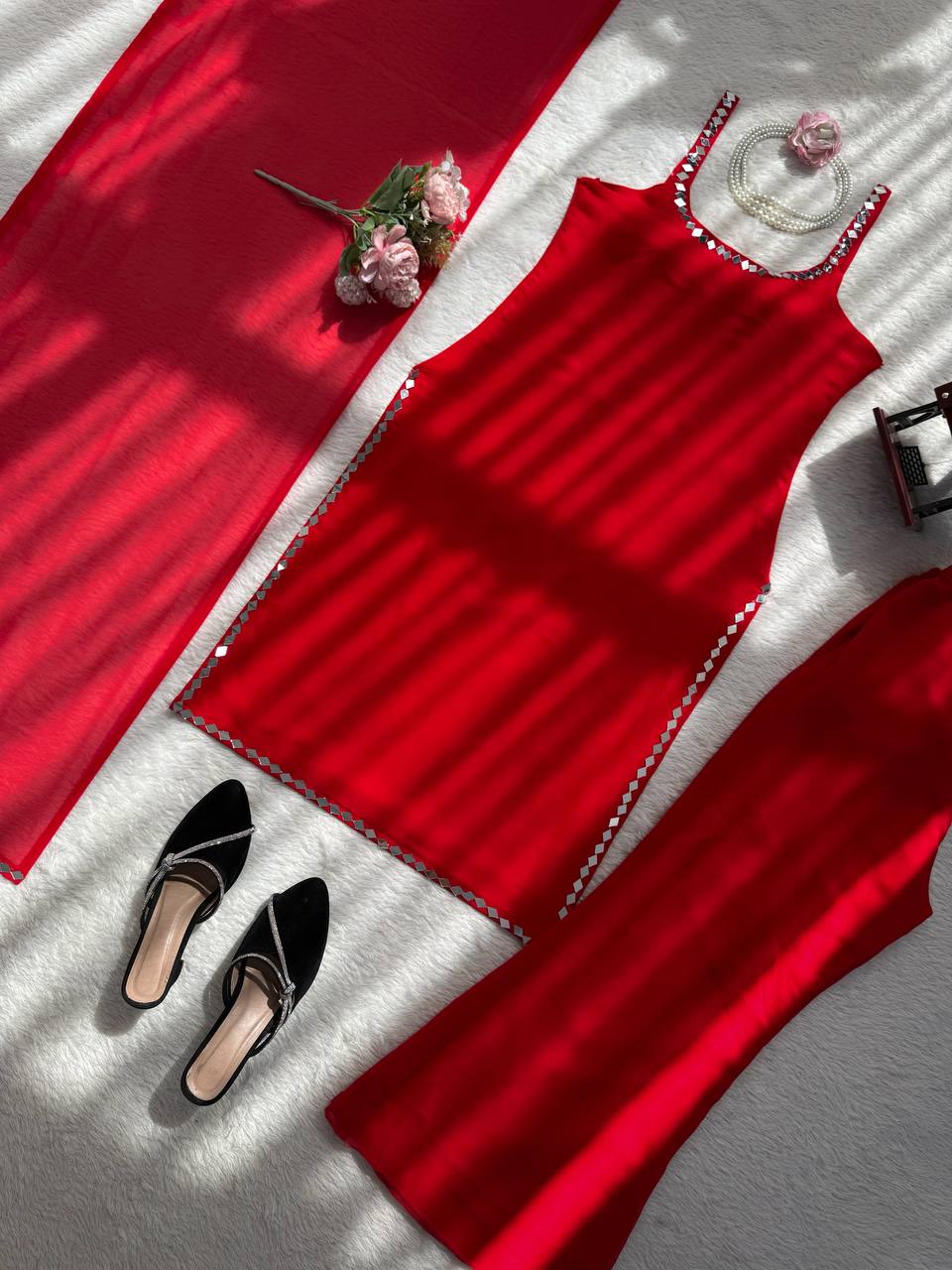 Elegant Real Mirror Work Top Pant With Dupatta