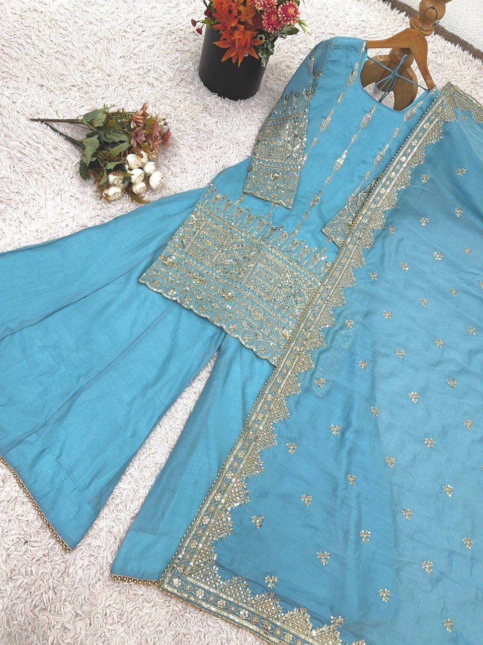 Elegant Embroidered with Sequin Thread Detailing Designer Sharara Set