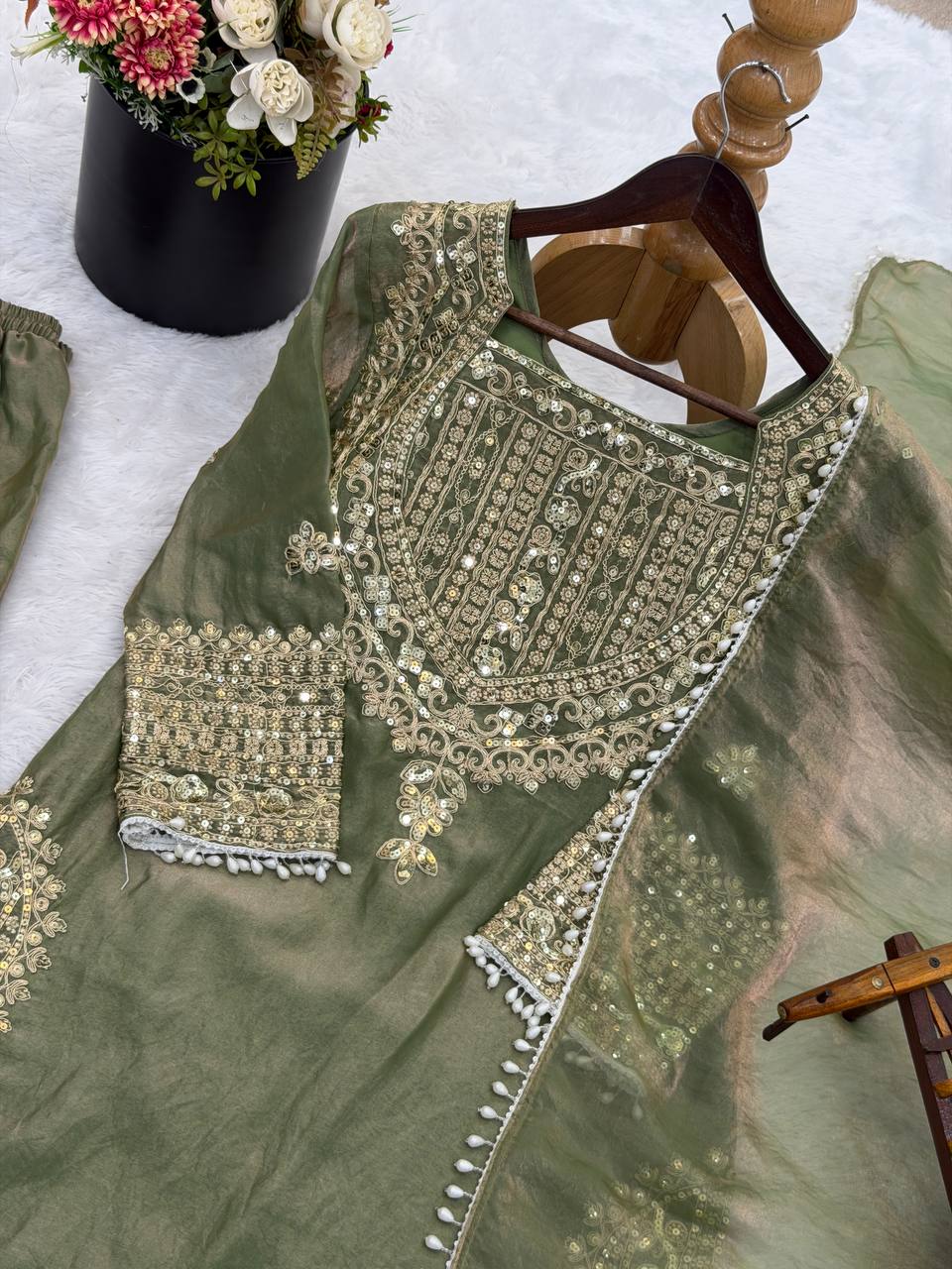 Wedding Waer Fendy Silk Embrodery sequence with Lace Border Top, Plazzo & Dupatta