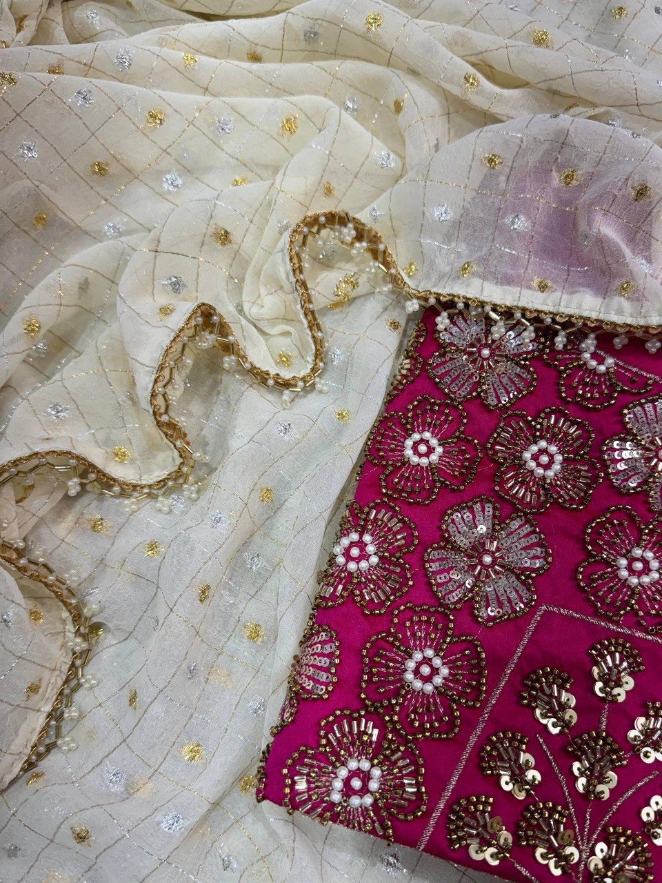 Dual Gold, Pearl Lace & Silver Zari Weaving Butti Saree
