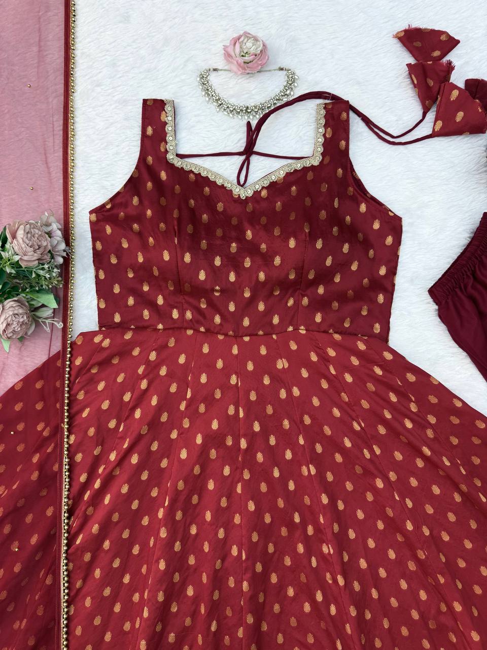 Wedding Wear Chanderi Jacquard Butti With Fancy Lace Anarkali Suit