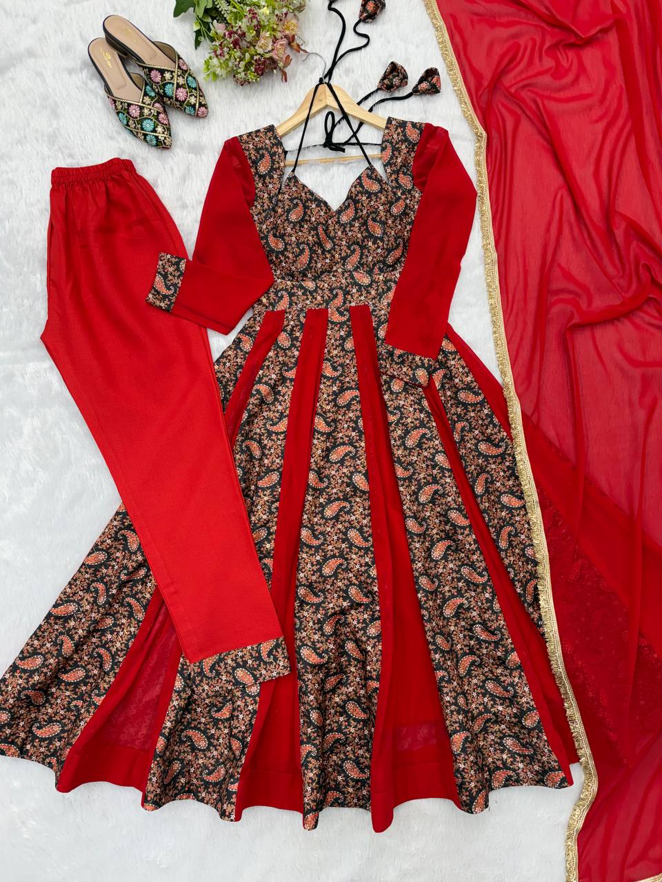 Black & Red Paisley Print Anarkali Set with Pant & Dupatta