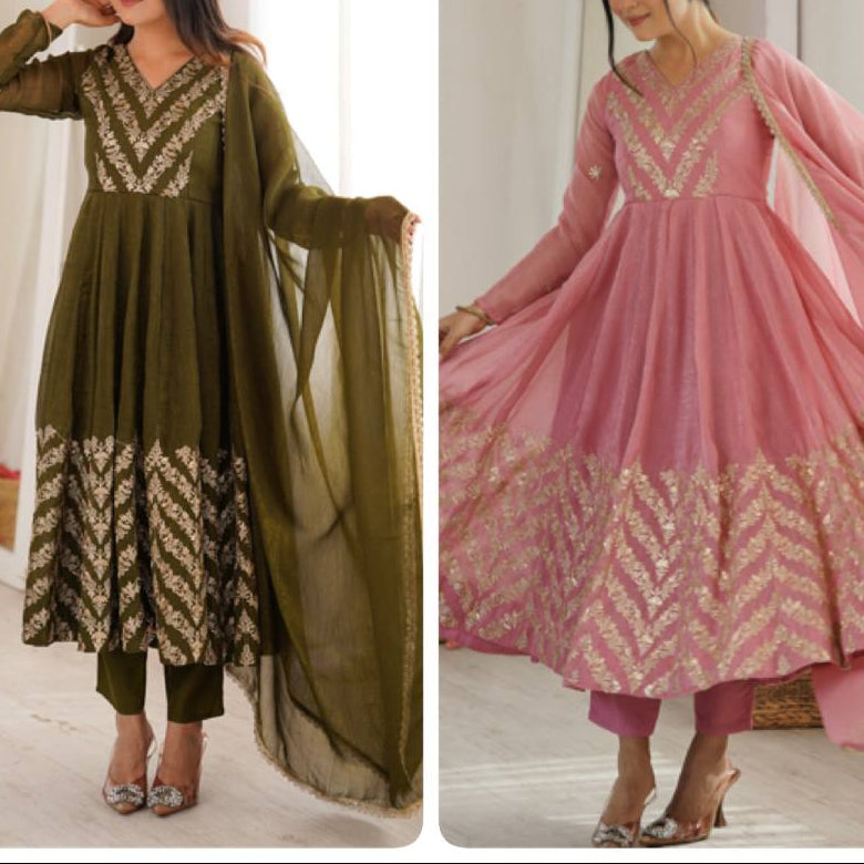 Premium Crunchy Silk Embroidered Sequence Work Anarkali Suit Set