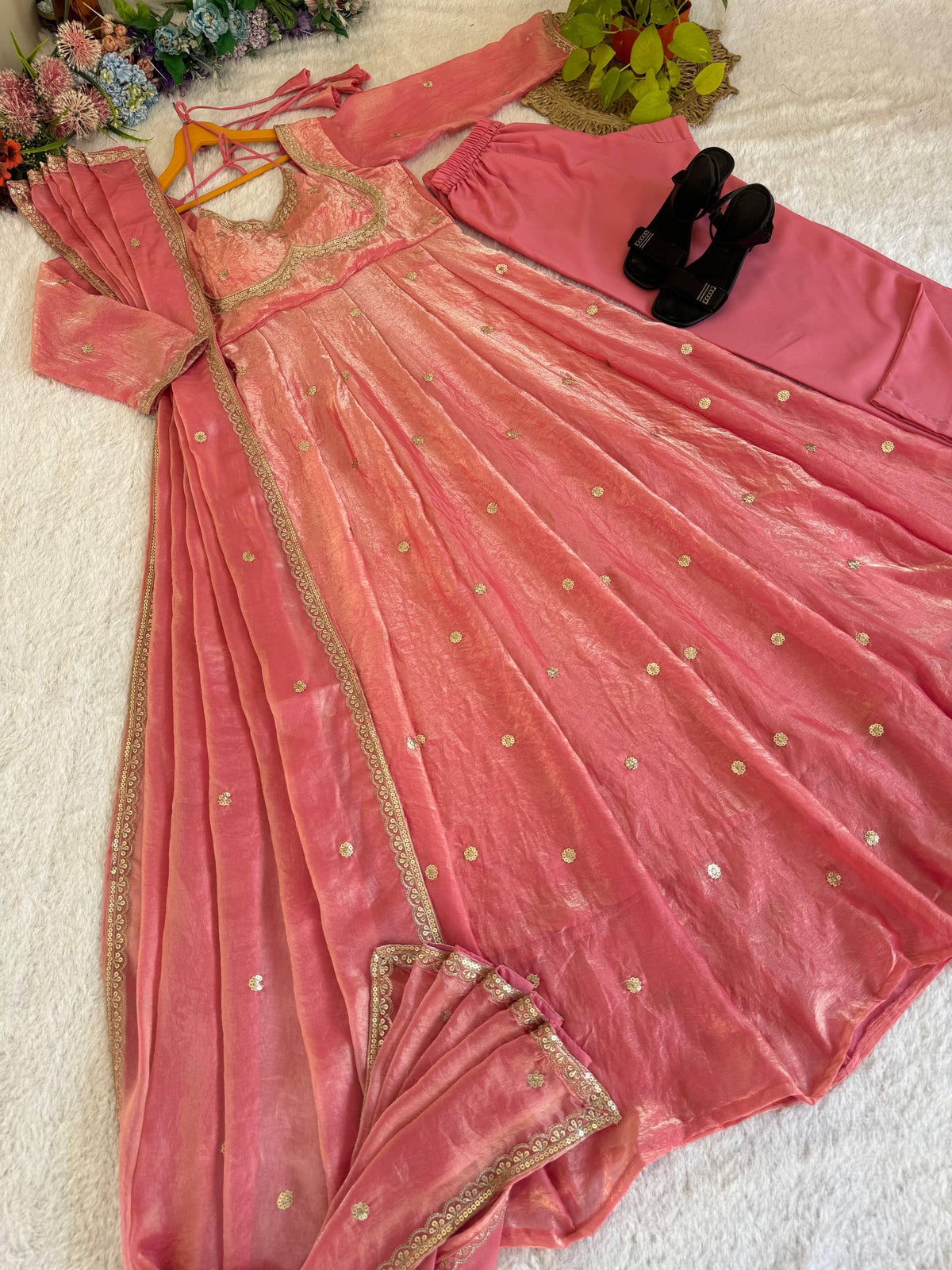 Party Wear Fendi Satin Designer Anarkali Suit Set