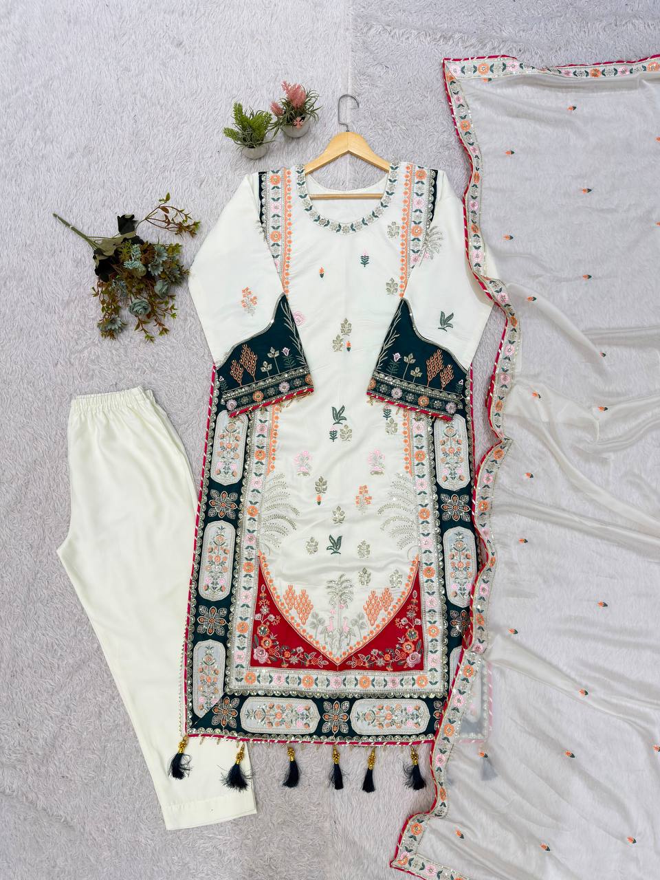 Beautiful Kaftan Style Embroidered Top With Pant & Dupatta