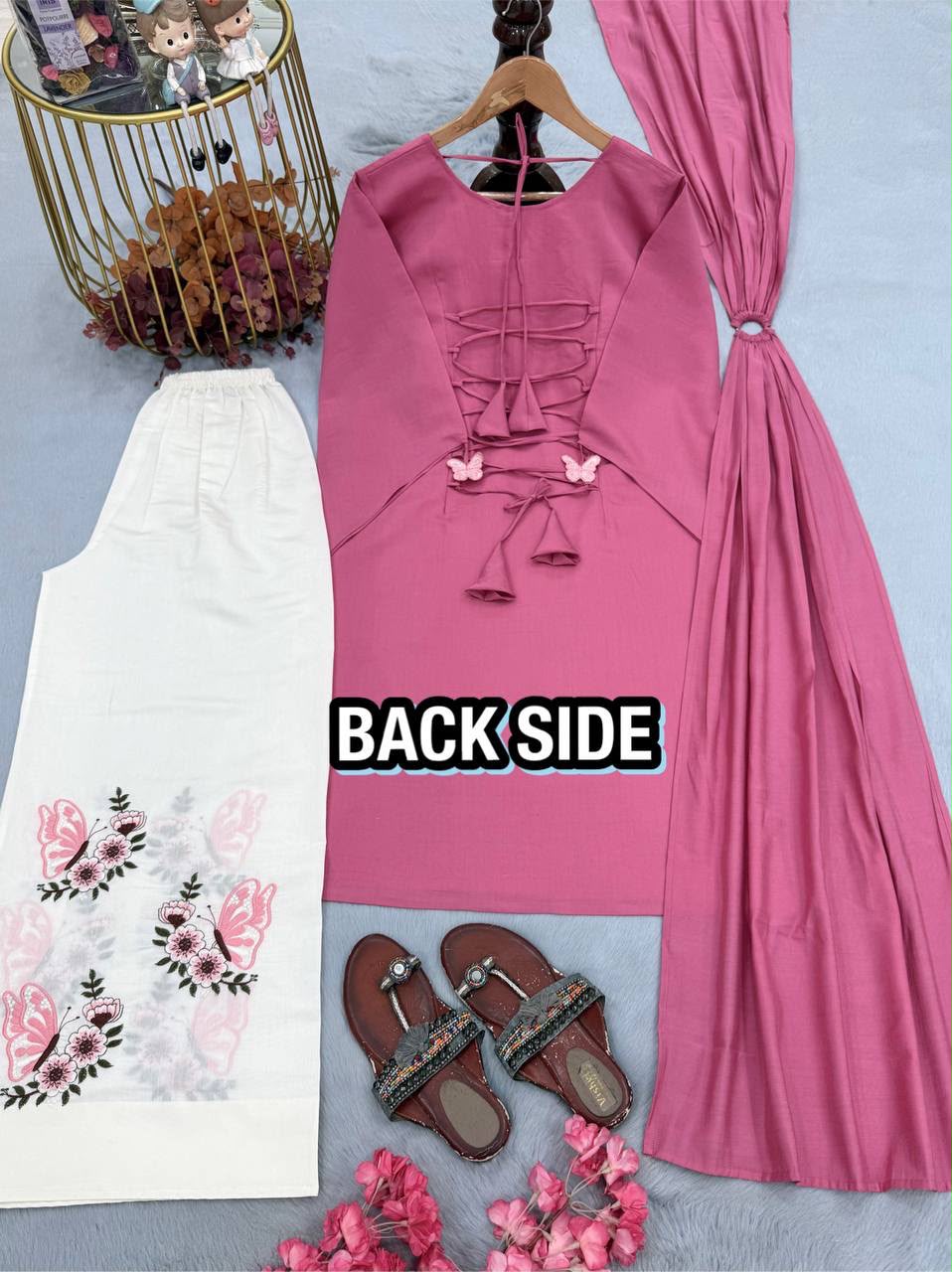 Pintresty Cute Pure Roman Silk Pink Palazzo Set
