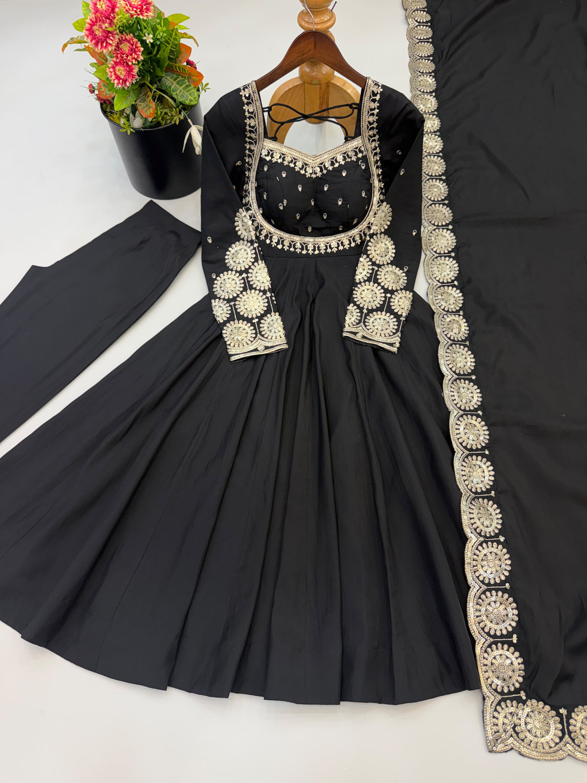 Elegant embroidered sequence designer anarkali three piece set