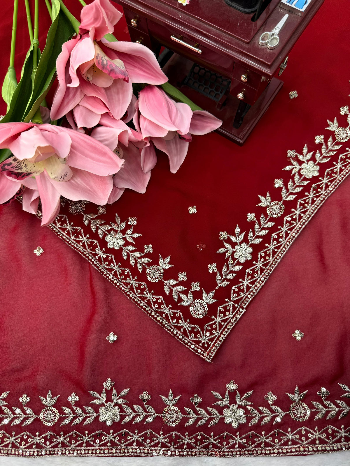 Bridal Red Faux Georgette Saree with Embroidered Blouse and Dupatta