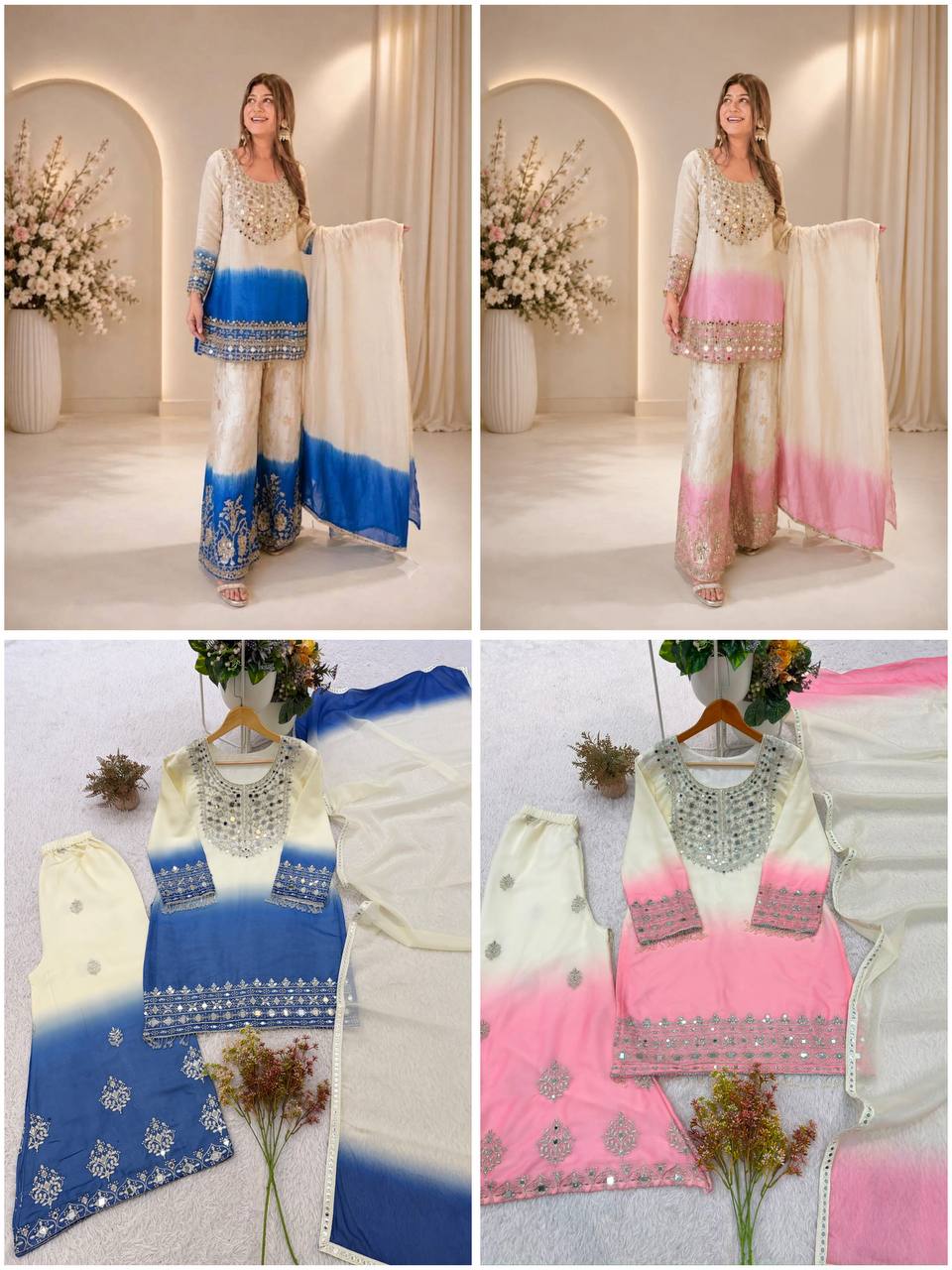Real Mirror & Embroidery Work Fully Stitched Palazzo Set