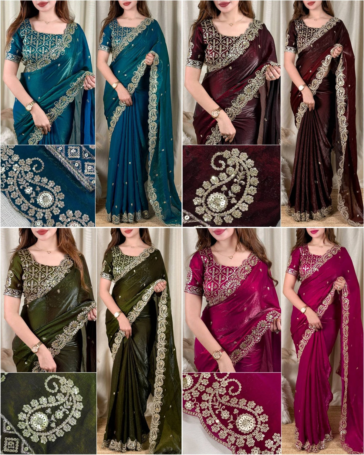 Beautiful Soft Rich Fandy Satin Silk Sequence Embroidery Work Saree
