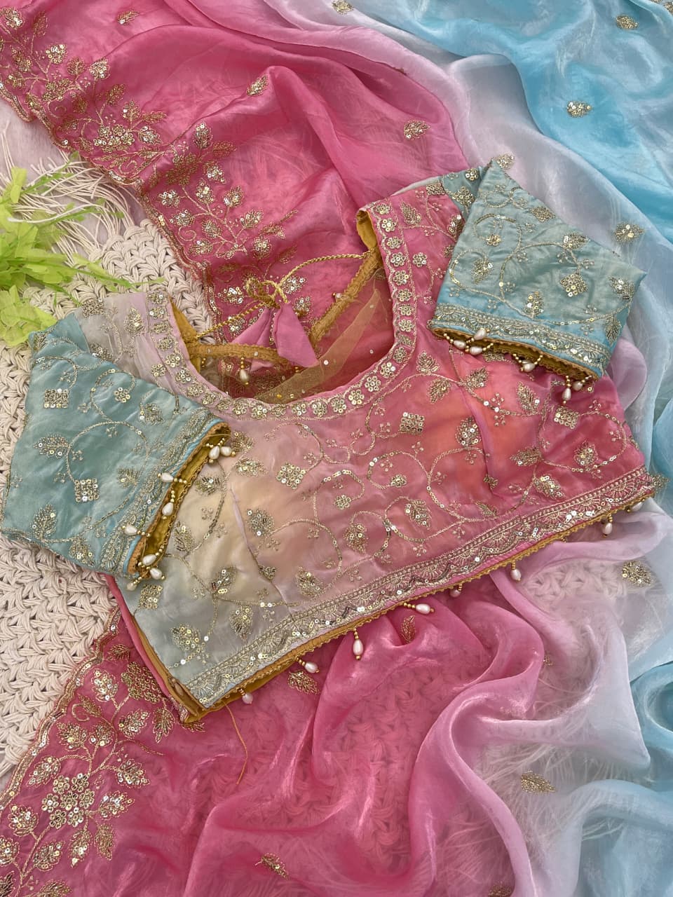 Designer Party Wear Fendy Sartin Saree With Stitched Blouse