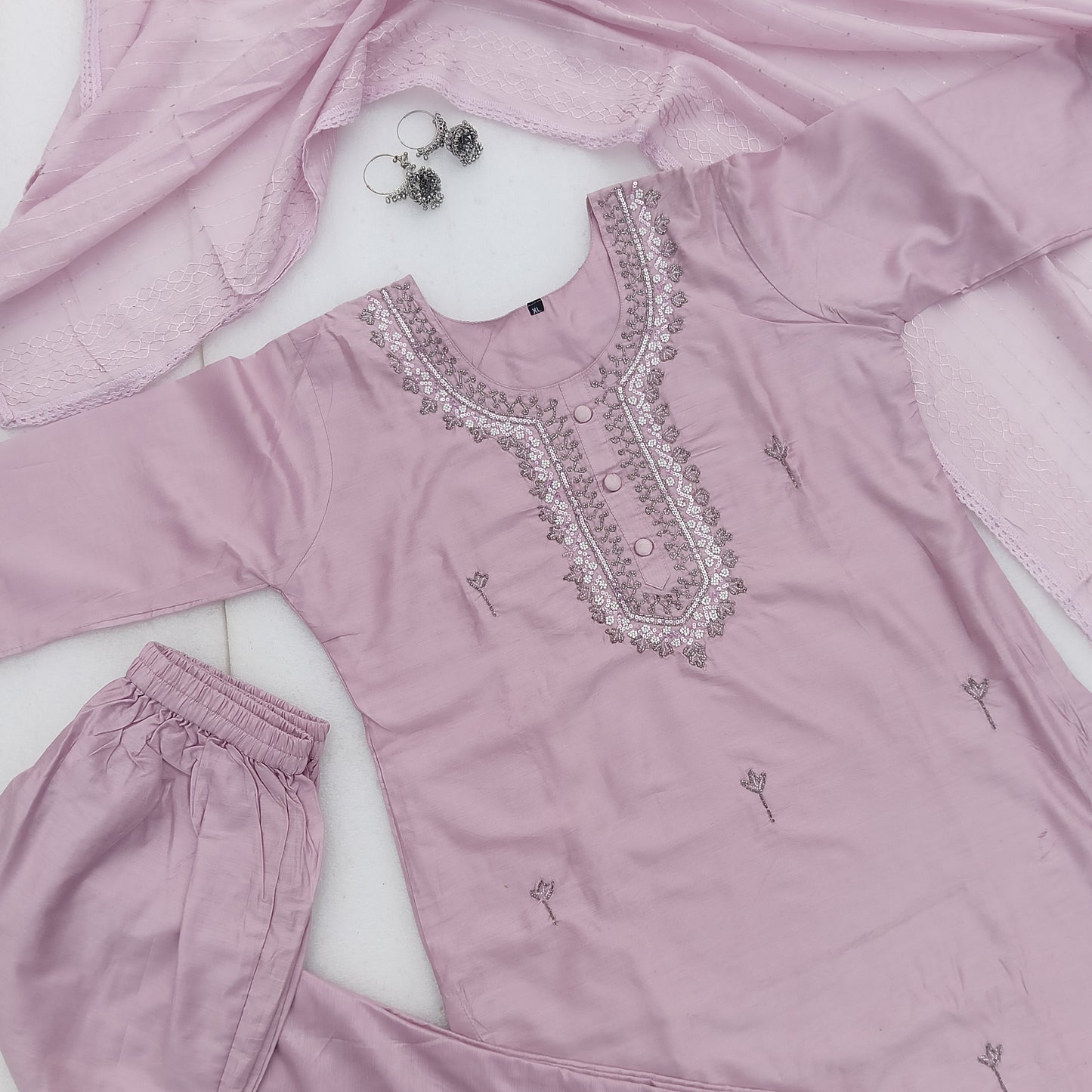 Handwork Dusty Rose Embroidered Kurta Set with Dupatta