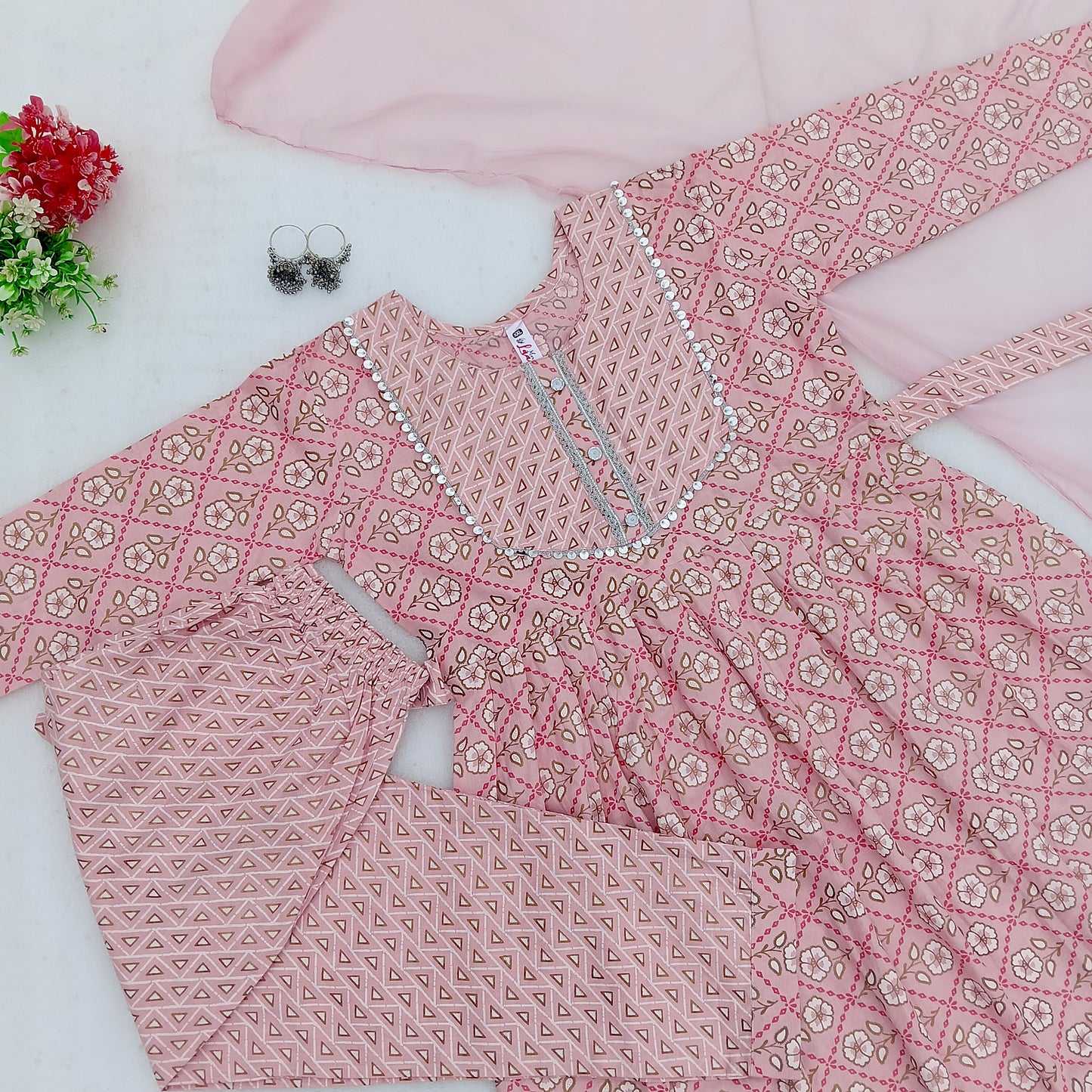 Graceful Anarkali Dress with Floral & Geometric Patterns