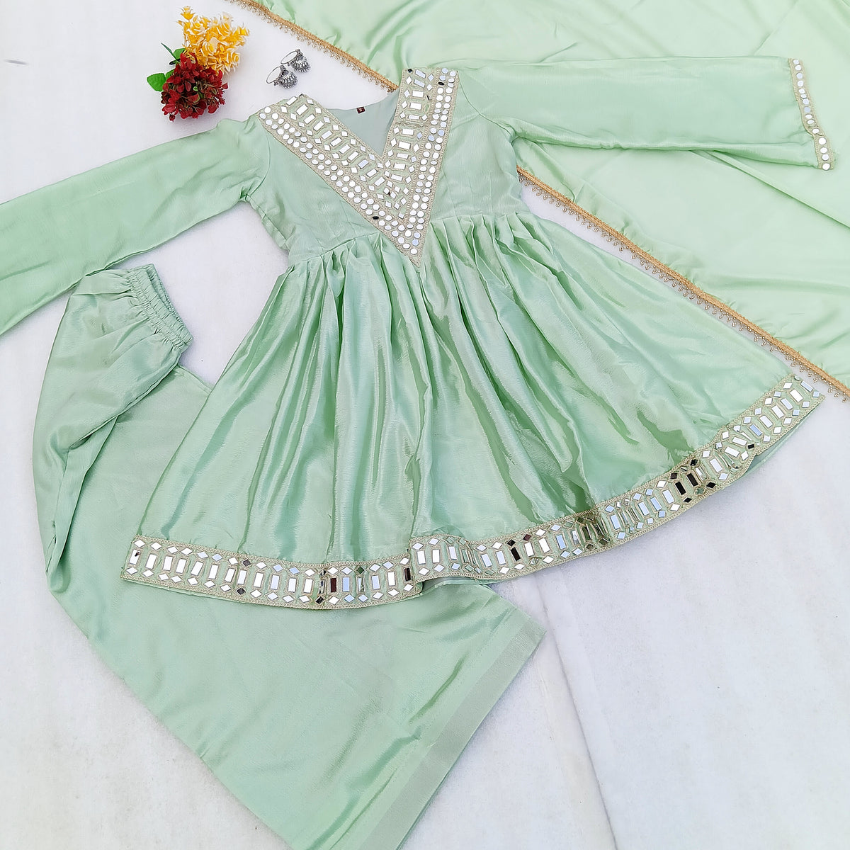 Viral Designer Pista Green Real Mirror Work Party Wear Outfit