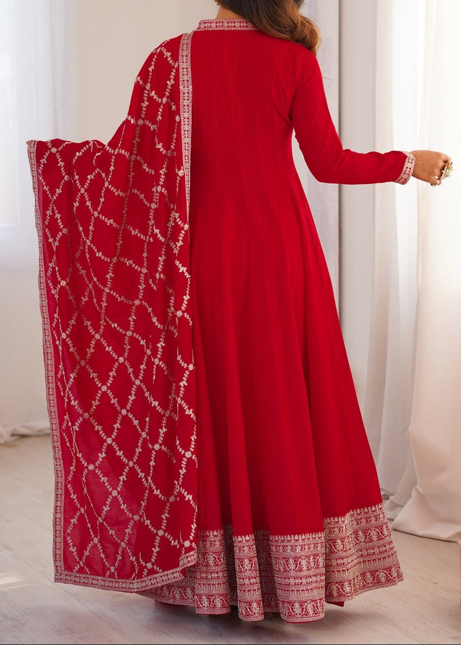 Premium Quality Pure Blooming Vichitra Silk Heavy Flair Gown With Dupatta Set