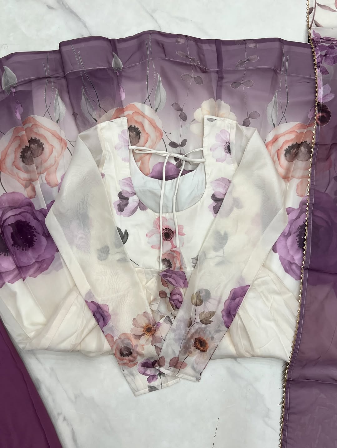 floral printed organza anarkali suit set for the upcoming festivities and wedding