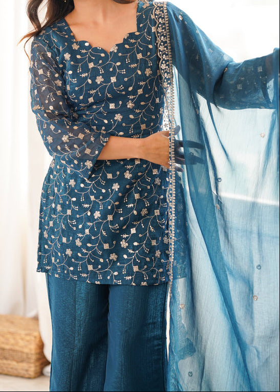 Sequence & Jari Work Top With Corset Back With Bell Bottom Pant Set