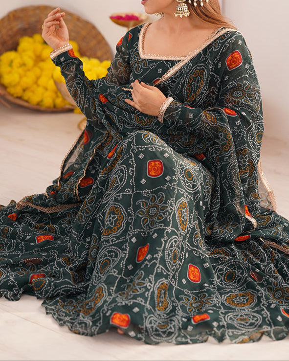 Pure Soft Lightweight Chiffon Bandhej Fully Flair Anarkali Set