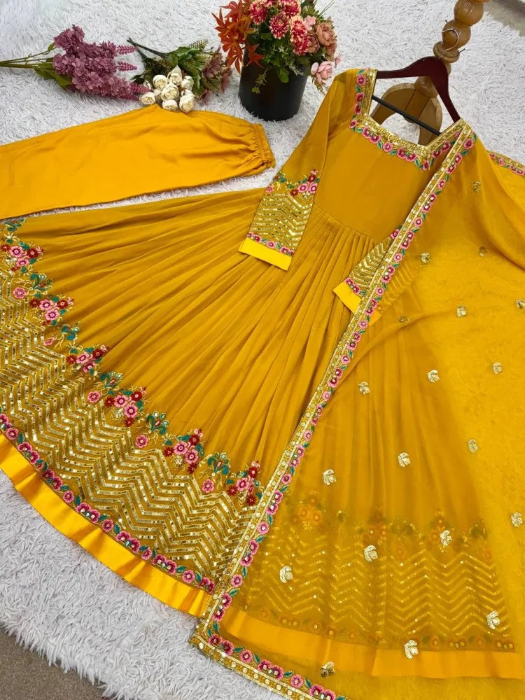 Heavy Georgette Wedding Wear Embroidery Work Long Anarkali Set