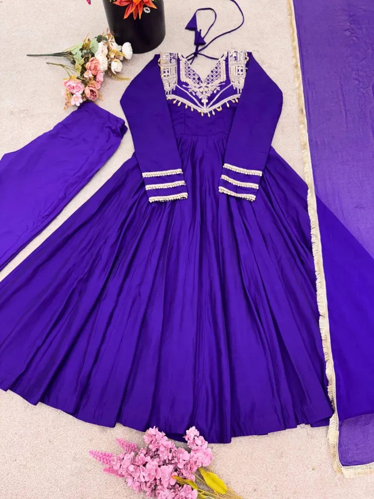 Designer Party Wear Roman Silk Anarkali Suit Set