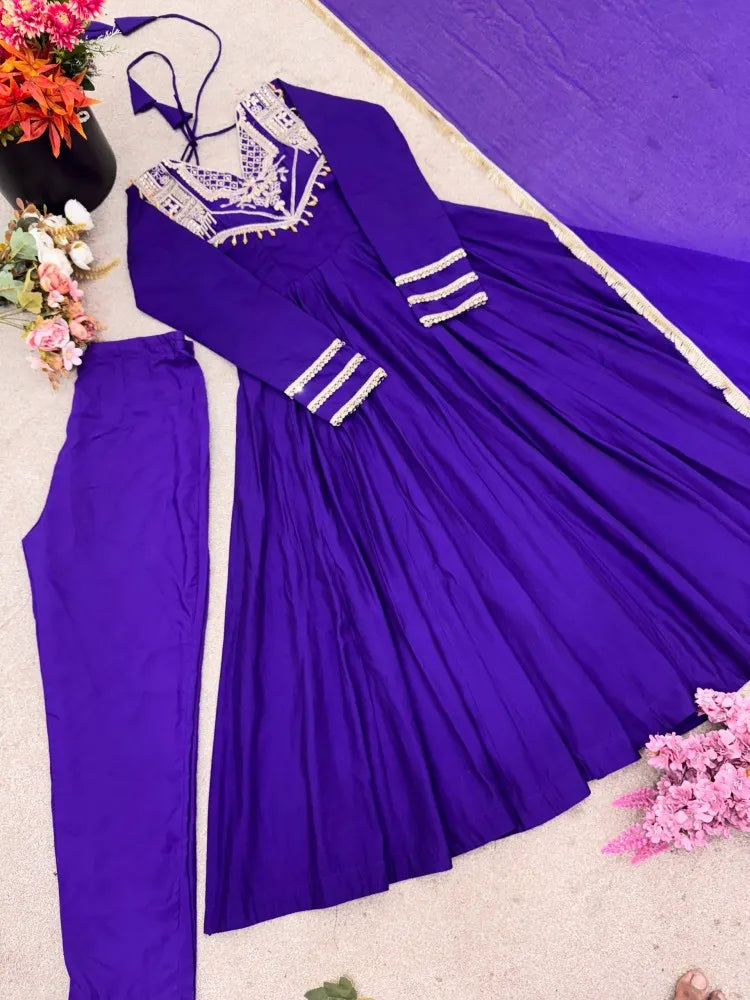 Designer Party Wear Roman Silk Anarkali Suit Set