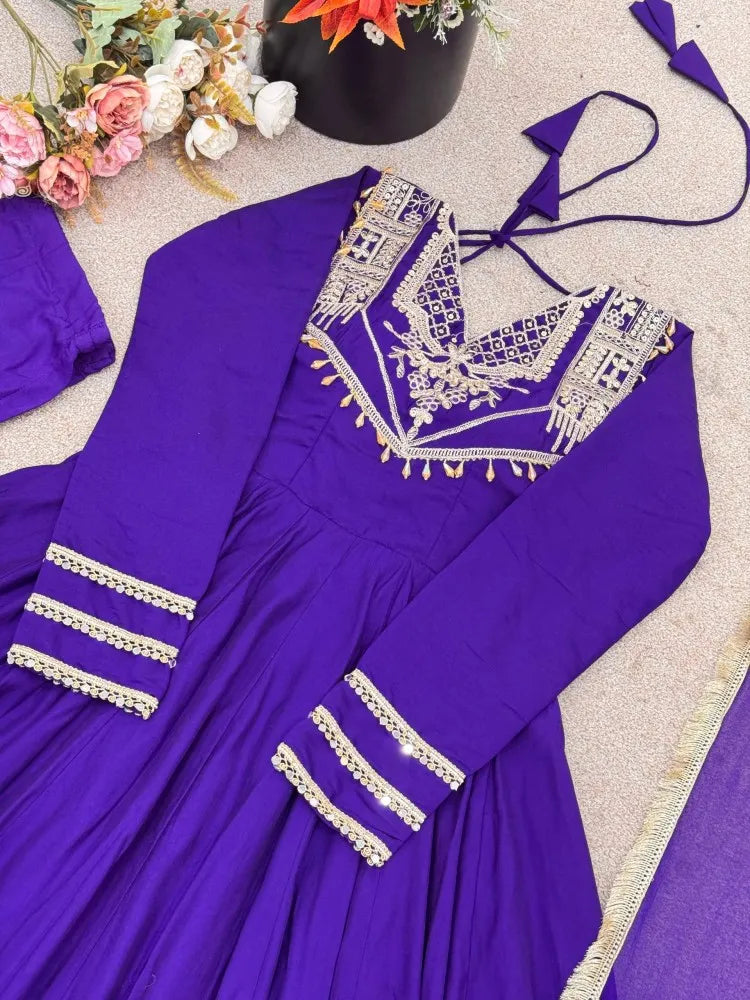 Designer Party Wear Roman Silk Anarkali Suit Set