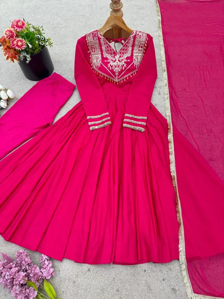 Designer Party Wear Roman Silk Anarkali Suit Set