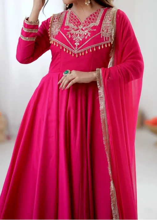 Designer Party Wear Roman Silk Anarkali Suit Set