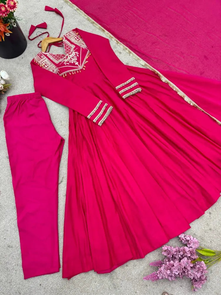 Designer Party Wear Roman Silk Anarkali Suit Set
