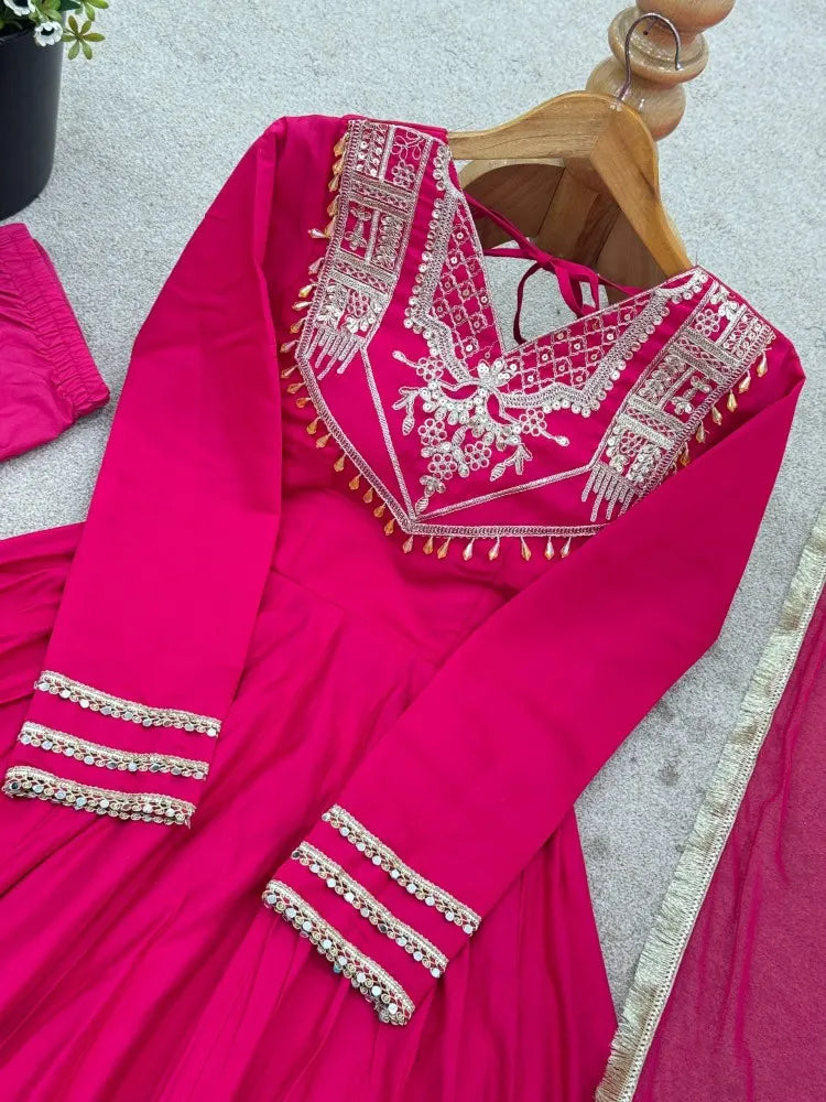 Designer Party Wear Roman Silk Anarkali Suit Set