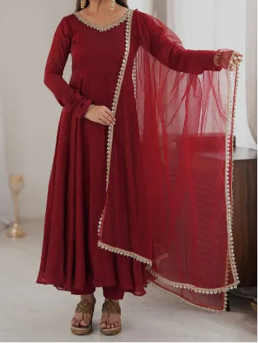 Crush Silk Heavy Flare Anarkali Suit Set With Mirror Work detailing