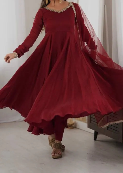 Crush Silk Heavy Flare Anarkali Suit Set With Mirror Work detailing