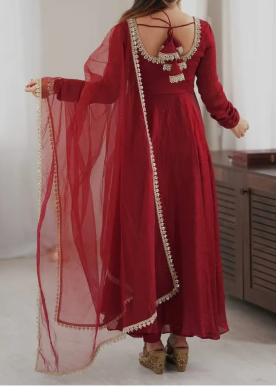 Crush Silk Heavy Flare Anarkali Suit Set With Mirror Work detailing