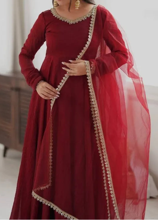 Crush Silk Heavy Flare Anarkali Suit Set With Mirror Work detailing