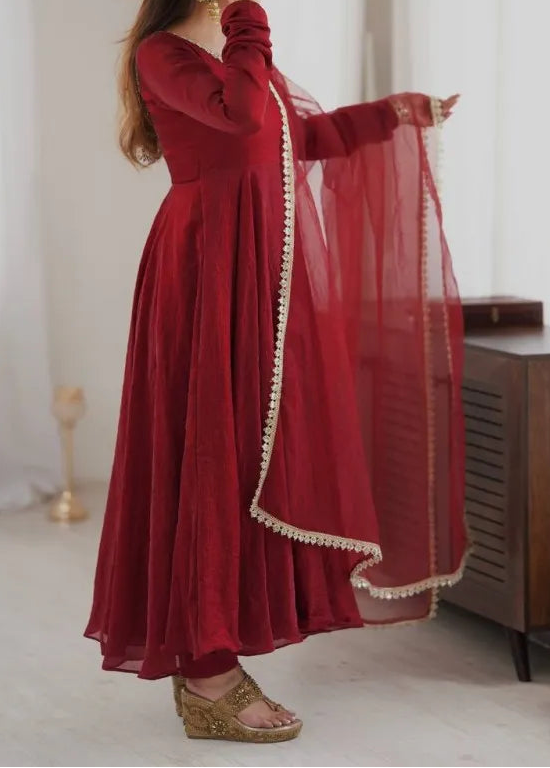 Crush Silk Heavy Flare Anarkali Suit Set With Mirror Work detailing
