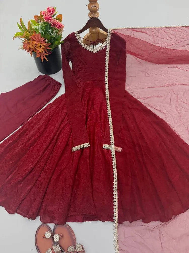 Crush Silk Heavy Flare Anarkali Suit Set With Mirror Work detailing