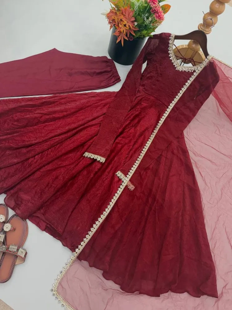 Crush Silk Heavy Flare Anarkali Suit Set With Mirror Work detailing