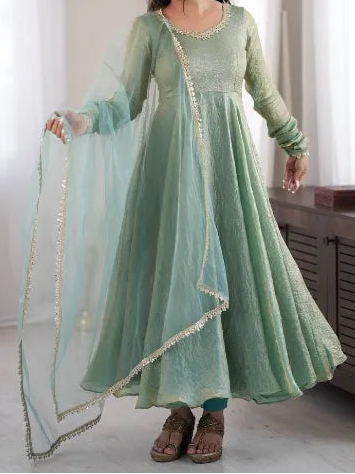 Crush Silk Heavy Flare Anarkali Suit Set With Mirror Work detailing